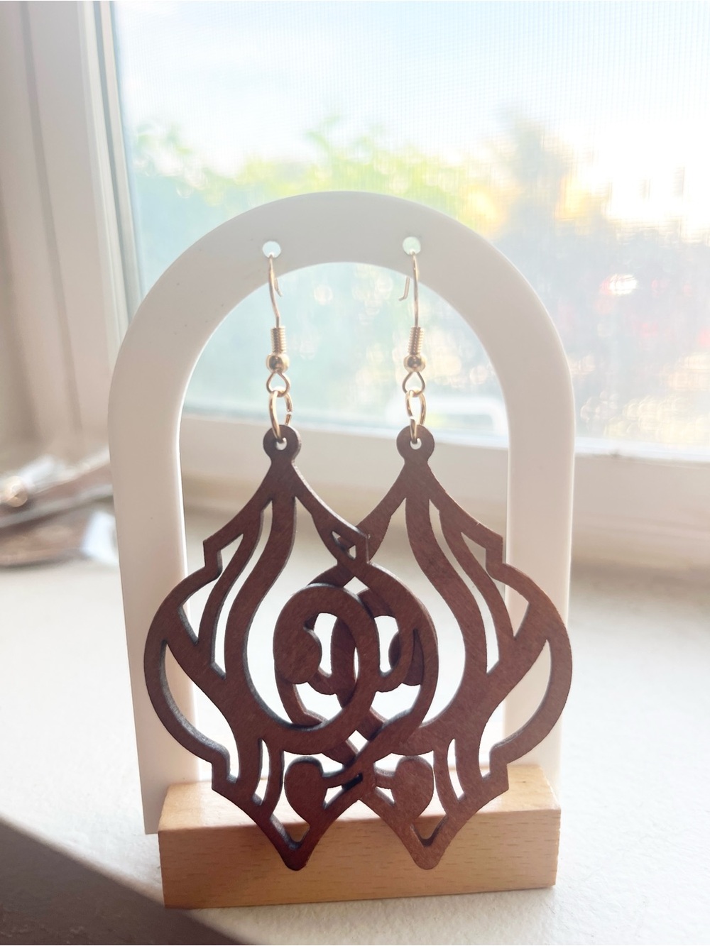 Brown Wooden Filigree Drop Earrings